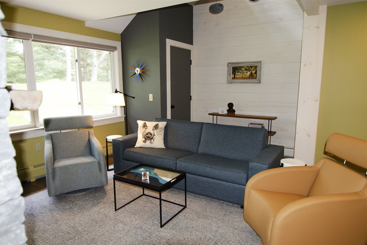 The easy to pull out queen sized coach is sturdy and firm in comparison to most other pull out couches. Large sliding glass windows let in light and open for cross ventilation.