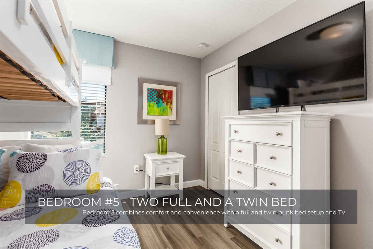 Cozy and convenient—Bedroom 5 offers a full and twin bunk bed setup