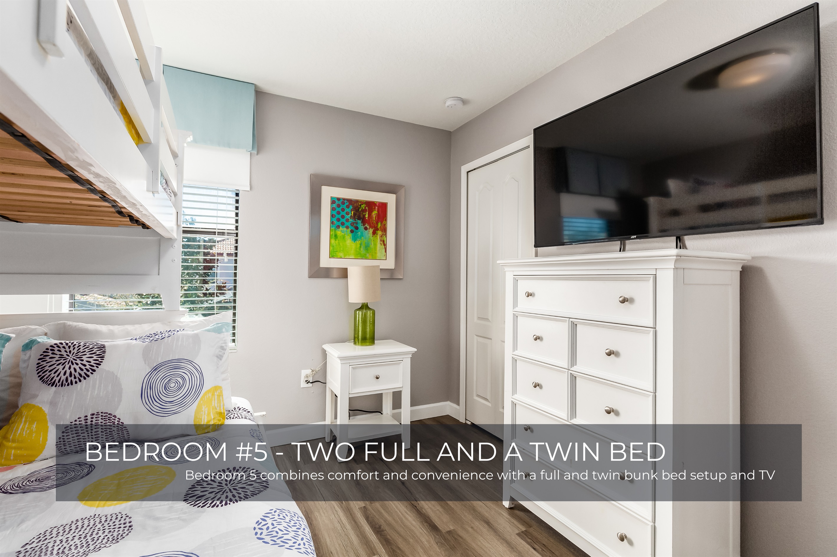 Cozy and convenient—Bedroom 5 offers a full and twin bunk bed setup