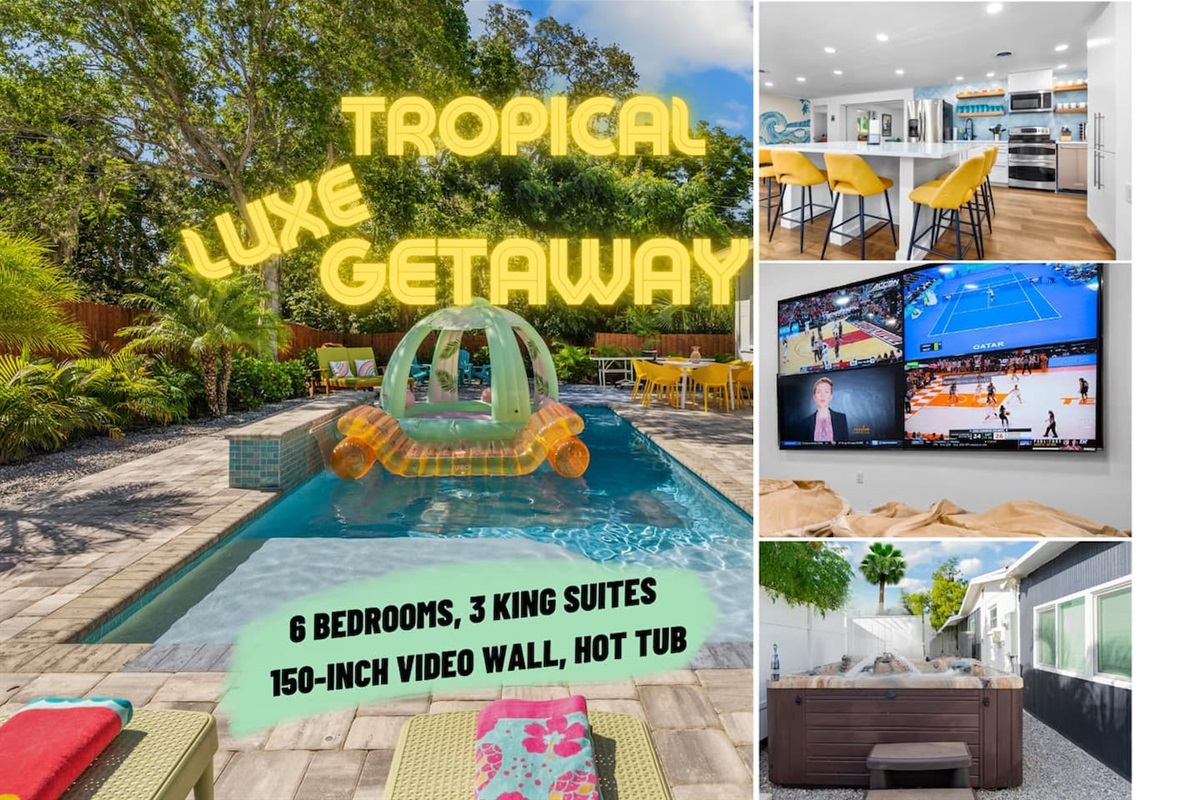 Soak up the south Florida sun while watching the 150-inch LED TV through the massive slider door, surrounded by tropical landscaping by the heated salt water pool with LED waterfall, Funboy floats, cornhole & bucketball games, and smokeless firepit. 