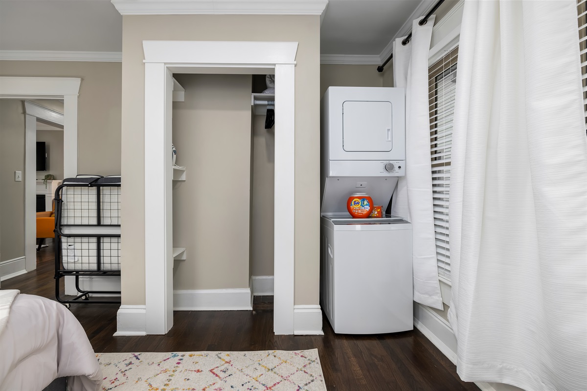 A washer and dryer are conveniently located in the queen suite, we also provide washer pods and dryer sheets.