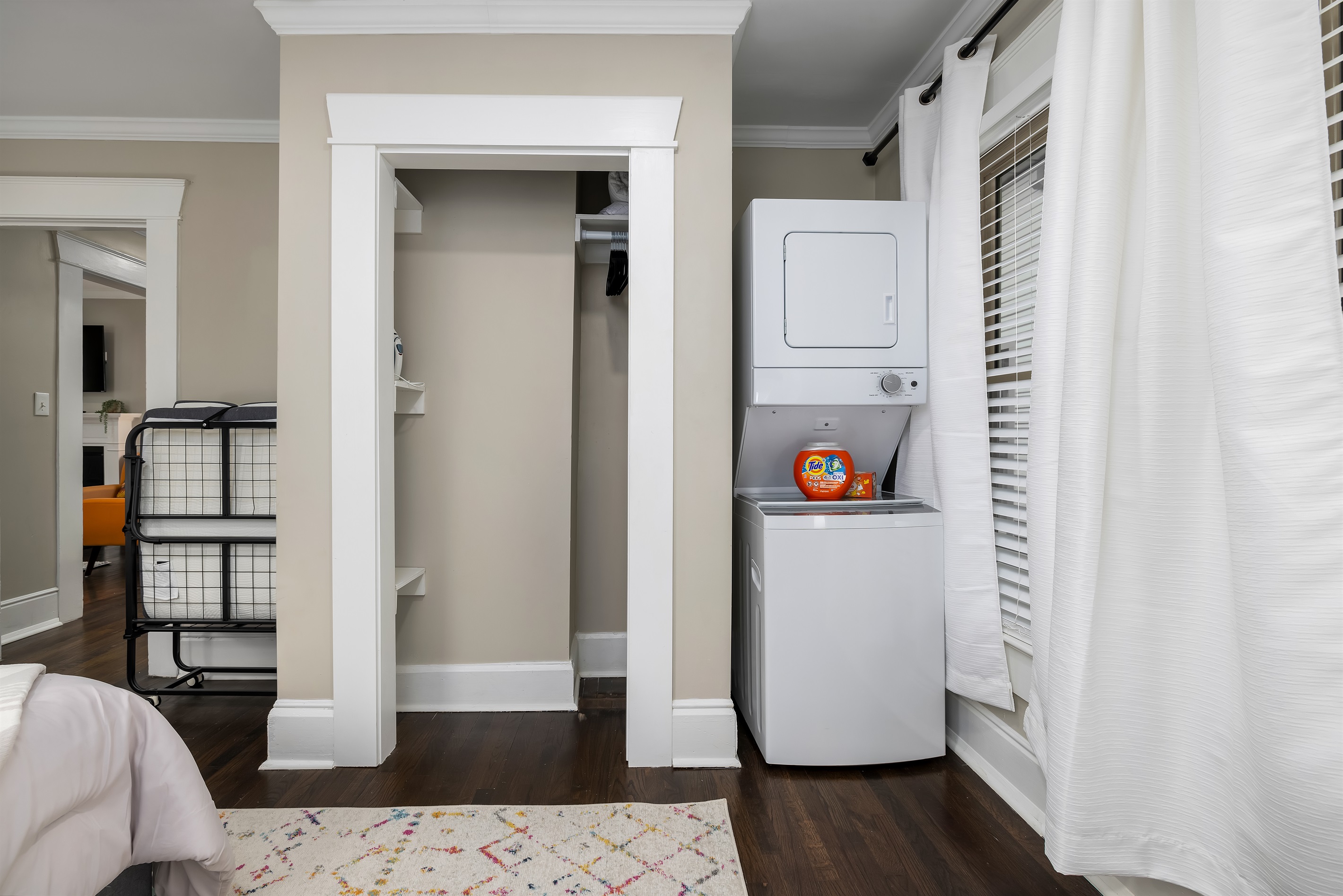 A washer and dryer are conveniently located in the queen suite, we also provide washer pods and dryer sheets.