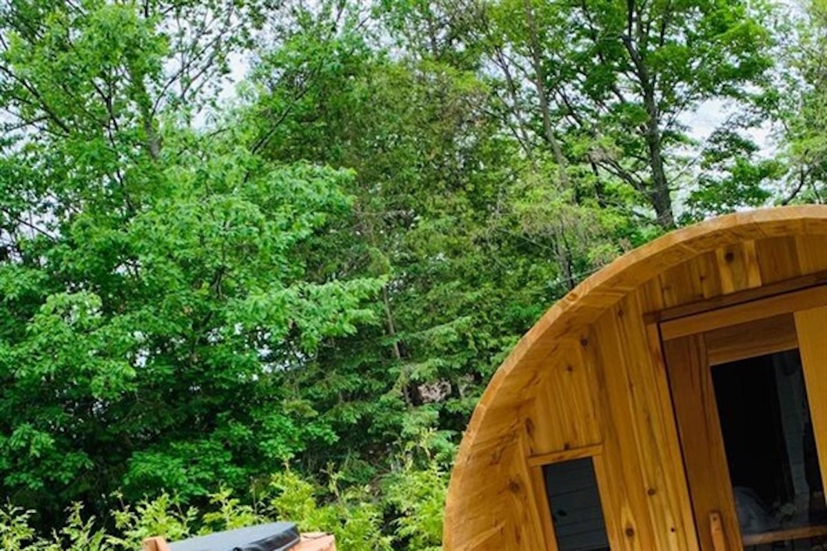 Exterior detail of the private barrel sauna