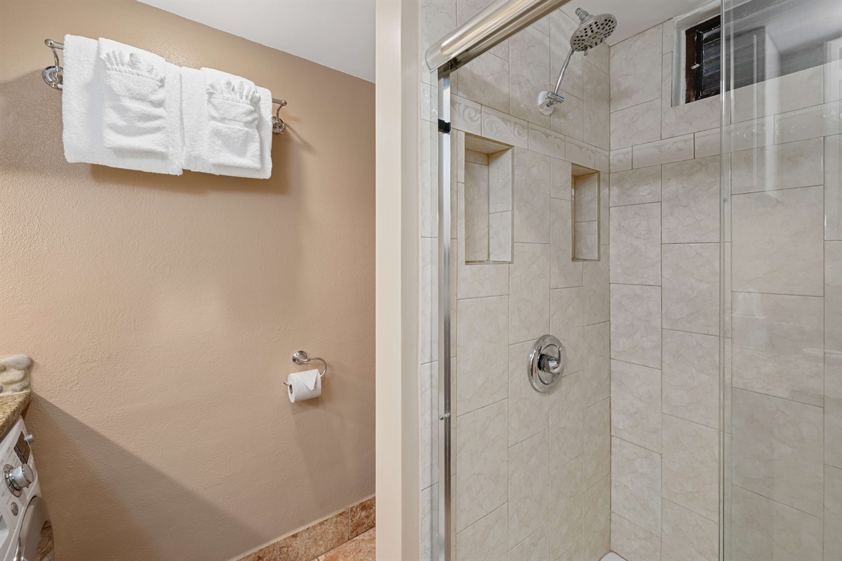 Main floor bathroom with shower, toilet, sink and washer/dryer