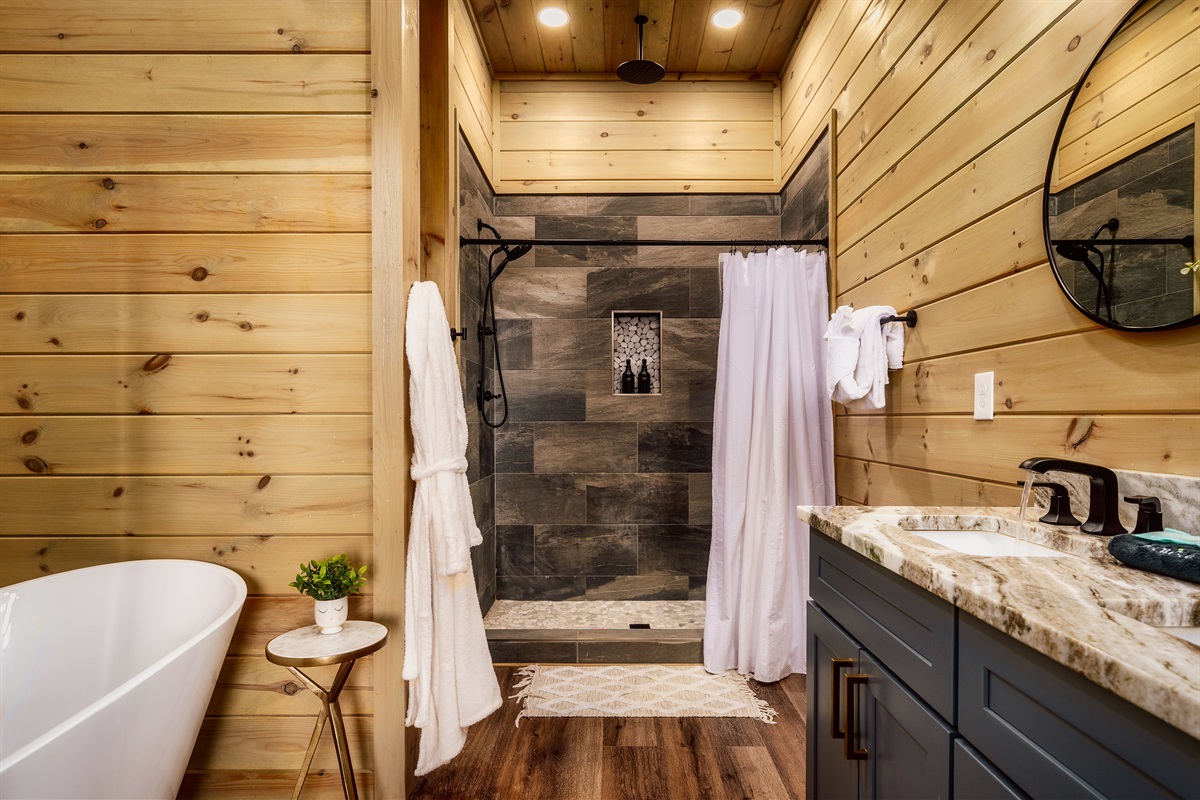 Beautifully kept bathroom with plenty of space to get ready.