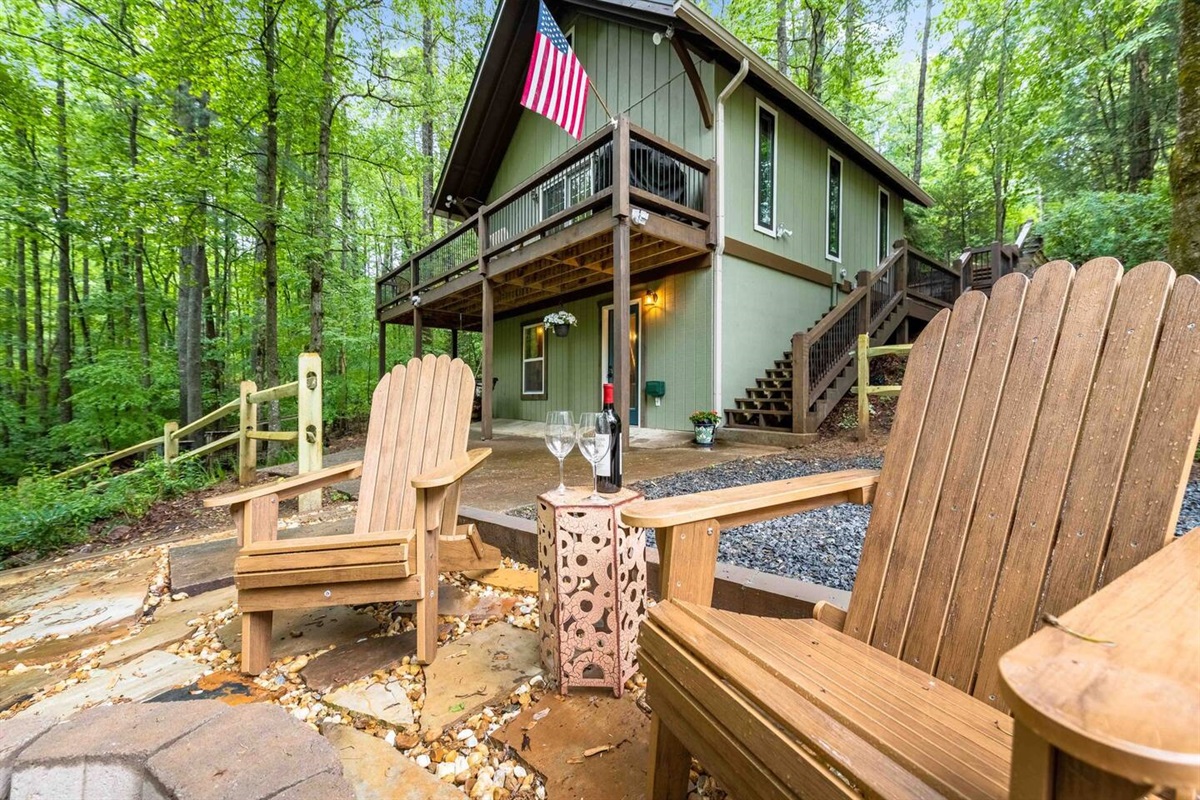 View of small cabin from one of the firepit areas