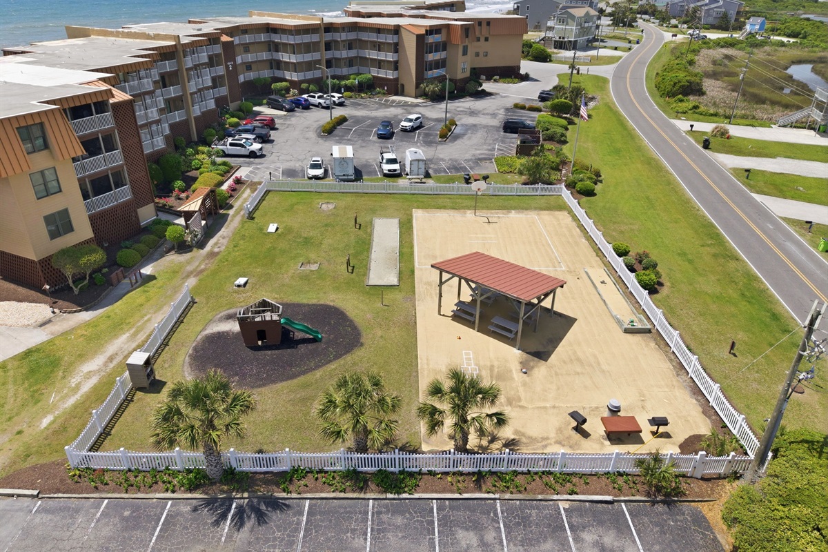 Community courts and shaded picnic pavilion for outdoor fun and gatherings