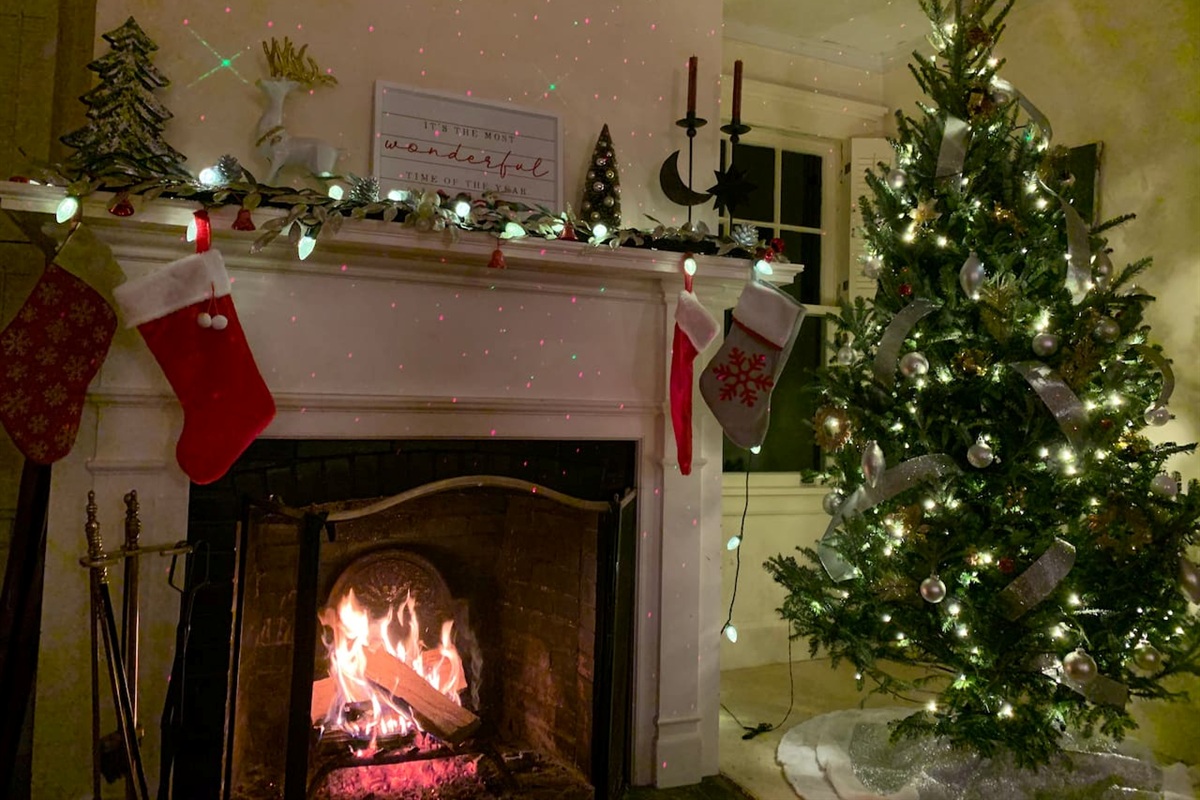 Fireplace in the living room during Christmas 