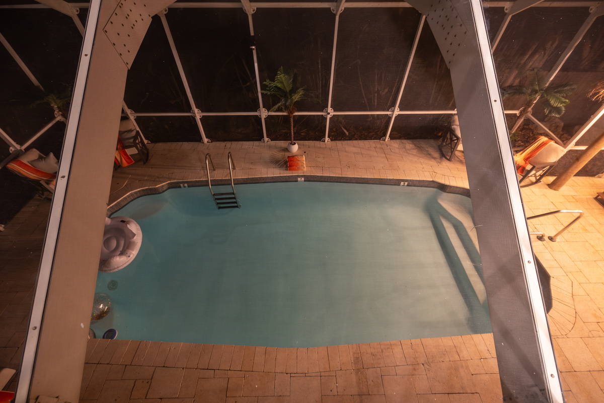 Look down at the pool from the wrap around balcony.