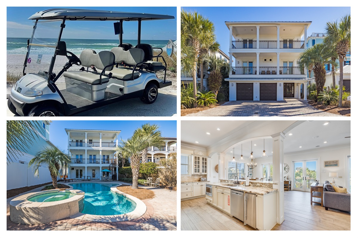 Welcome to AQUA GRANDE!This Steps-from-the-Beach, Updated, Amenity-rich Home is built to entertain and deliver an upscale beach vacation. Private Pool, Hot Tub, Golf Cart, Game Room, and more!