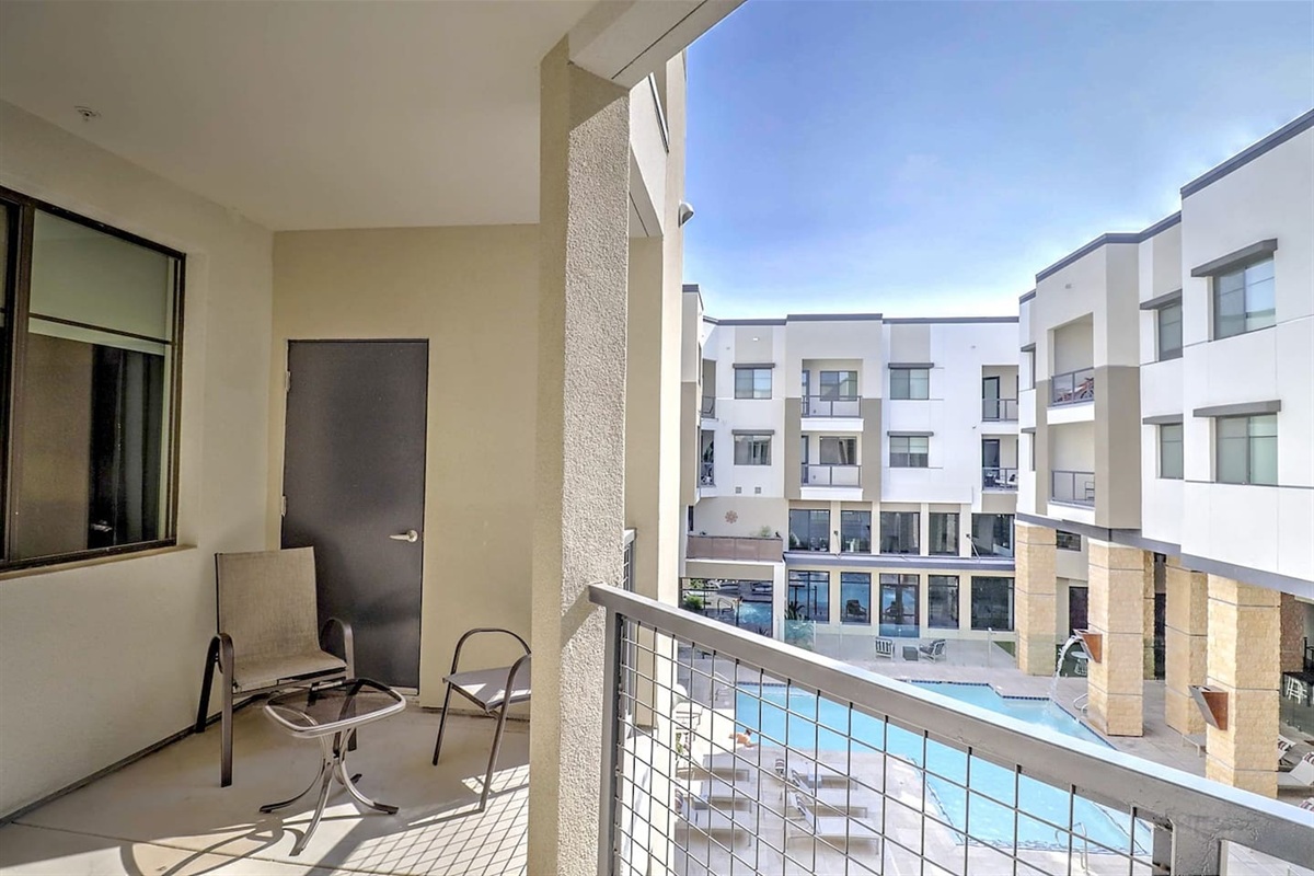 - Enjoy a private balcony with outdoor chairs overlooking the sparkling pool   - Perfect spot to sip morning coffee or unwind in the evening breeze   - Relax in comfort while taking in courtyard views and fresh air daily