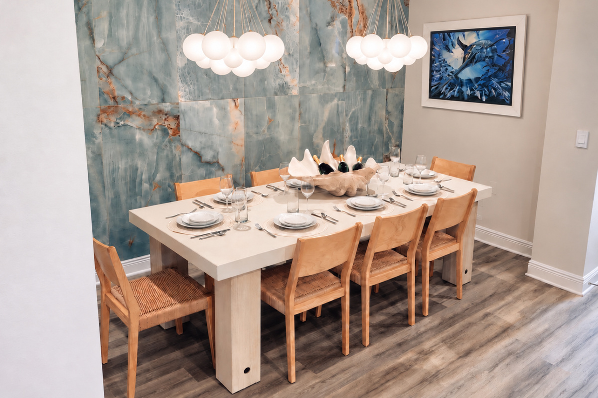 Dine in style at the table seating 8, plus island stools—fully equipped for family meals.