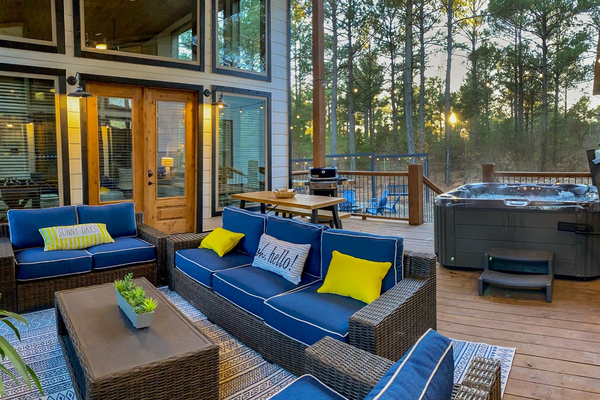 Lounge by the fire, soak in the hot tub, and take in peaceful forest views at Piece of the Moon.