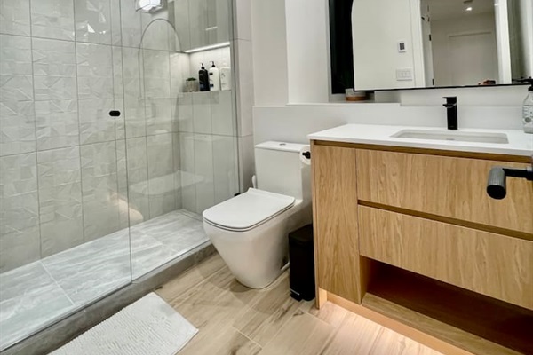 2nd floor bathroom w/rain can shower head, wand, heated floors, LED accent lighting