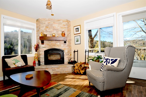 Living room with wood-burning fireplace - we supply the firewood!