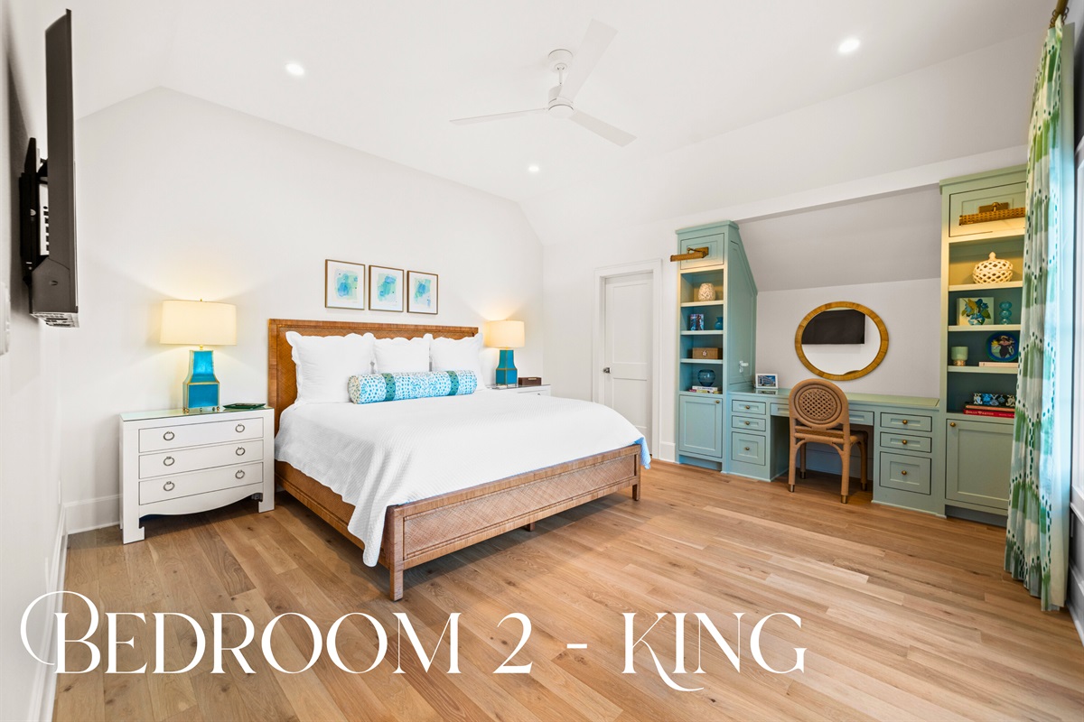 Peaceful guest room with warm lighting and calm decor.