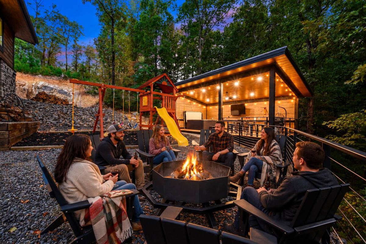 Fire-pit seating beside the gazebo and playground; firewood is provided.