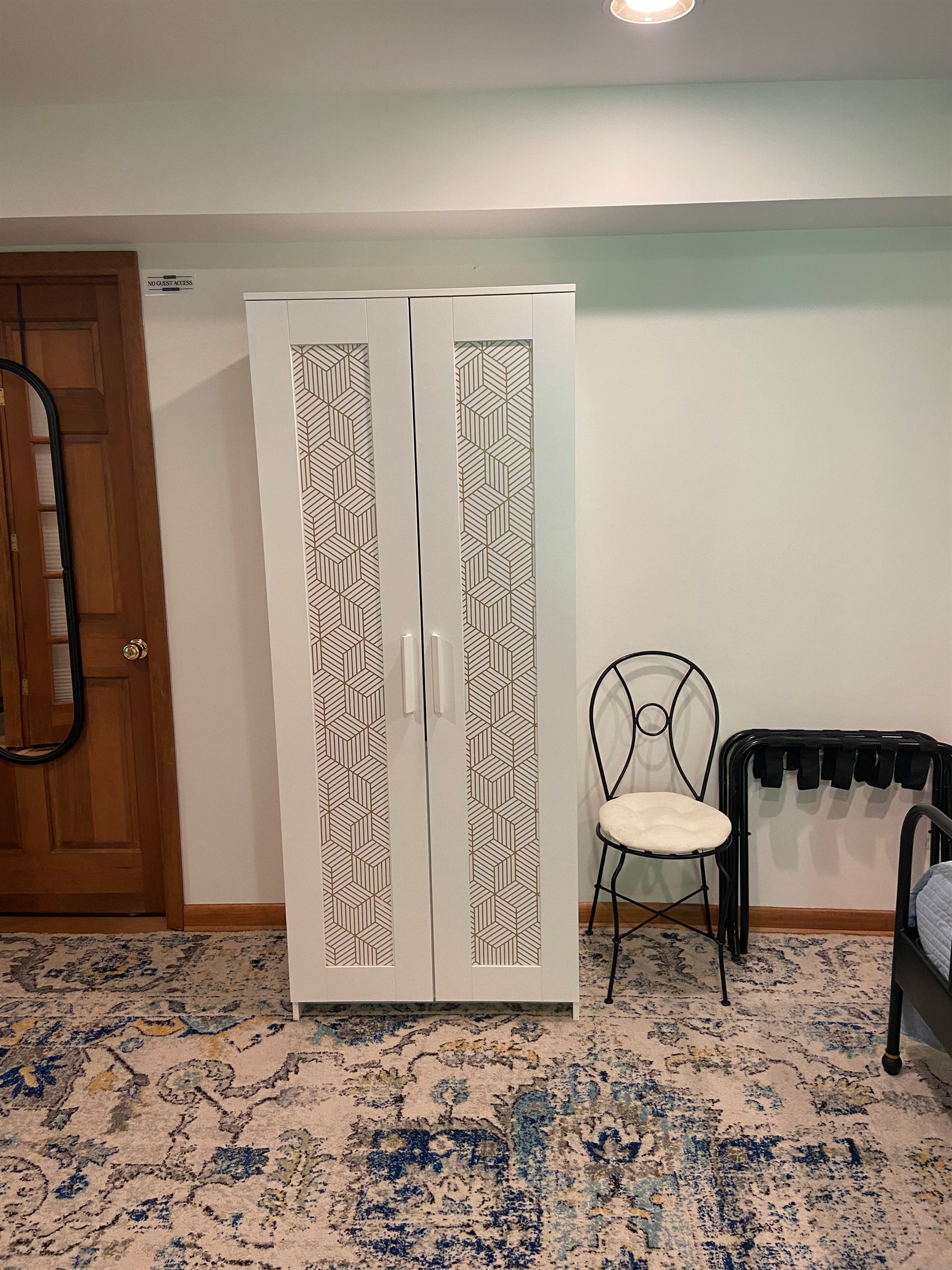 Freestanding closet (plus dresser by bed) offer plenty of space to unpack luggage.