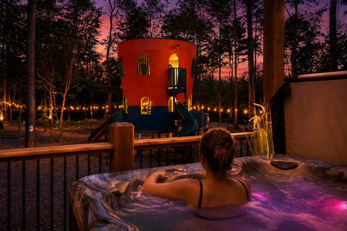 Hot Tub Retreat: Soak in relaxation under twinkling lights with stunning sunset views!