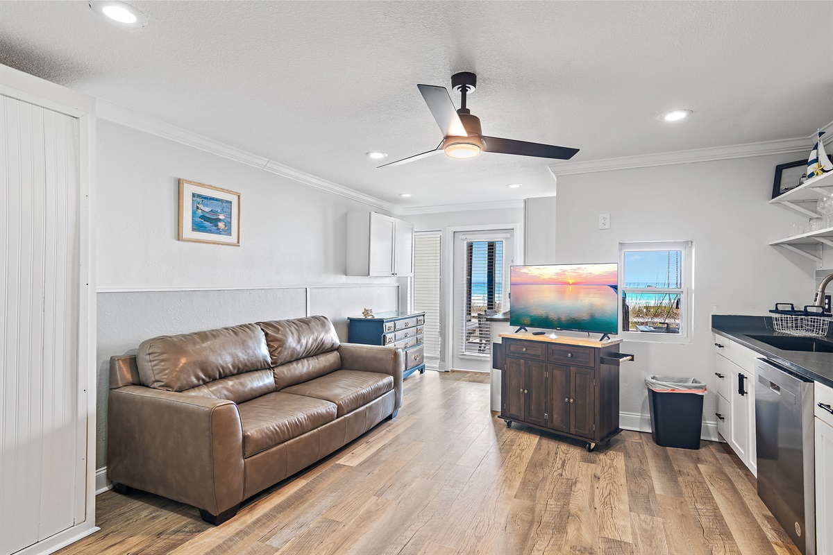 The 1st Floor features another Living Room w/ 50" Smart TV, Pre-Loaded Game Console, Murphy Bed, a Kitchenette, and Patio Access - Great for the Kids or Two Families!