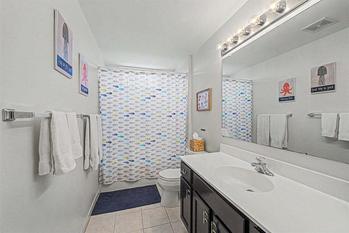 Hall bath, tub/shower; bath mat + toys, step stool, nightlight