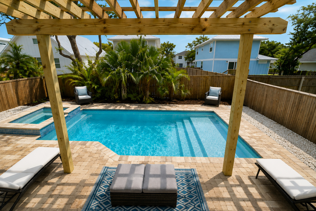 Claim a chair beneath the pergola and referee the cannonball contest — from this shady corner you can see the spa, the sunny end, and every triumphant splash, while the ottomans stand ready for tired swimmers.