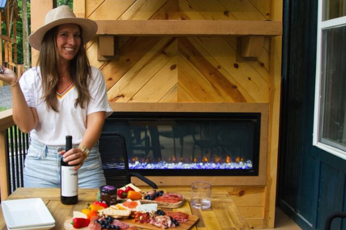 Covered patio fireplace for year-round enjoyment