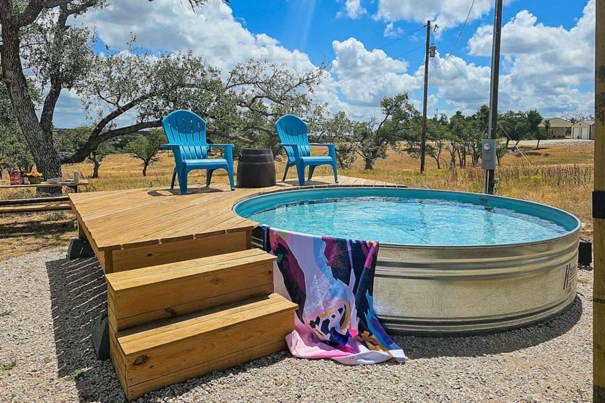 Cool off in the uniquely Texas-style stock tank pool, perfect for a relaxing dip.