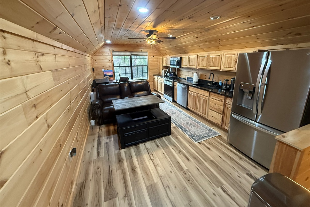 Kitchen in small cabin over garage
