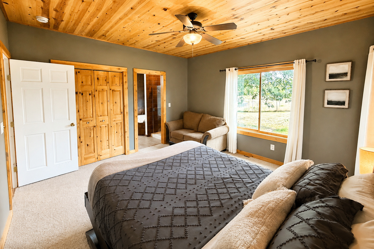 Another view of this roomy bedroom highlights the generous floor space, natural light and comfortable sitting area and bathroom just steps away.
