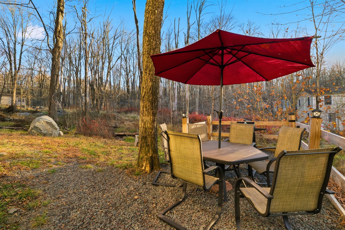 Backyard with outdoor table, chairs, firepit