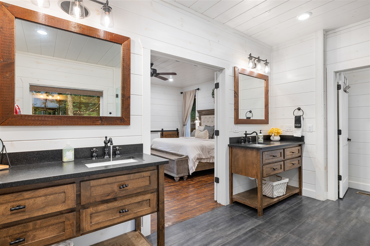 Luxury bathroom featuring double vanity and modern rustic finishes