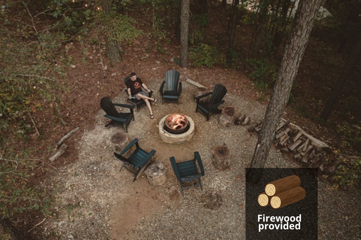 Gather around a crackling fire pit, surrounded by comfortable Adirondack chairs in a scenic woodland setting. Perfect for stargazing, roasting marshmallows, and storytelling.
