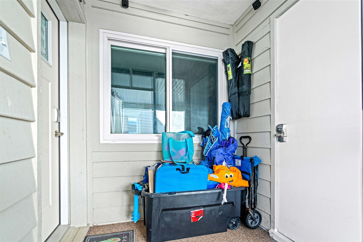 Complimentary beach equipment including wagon, boogie boards, beach chairs, beach umbrellas