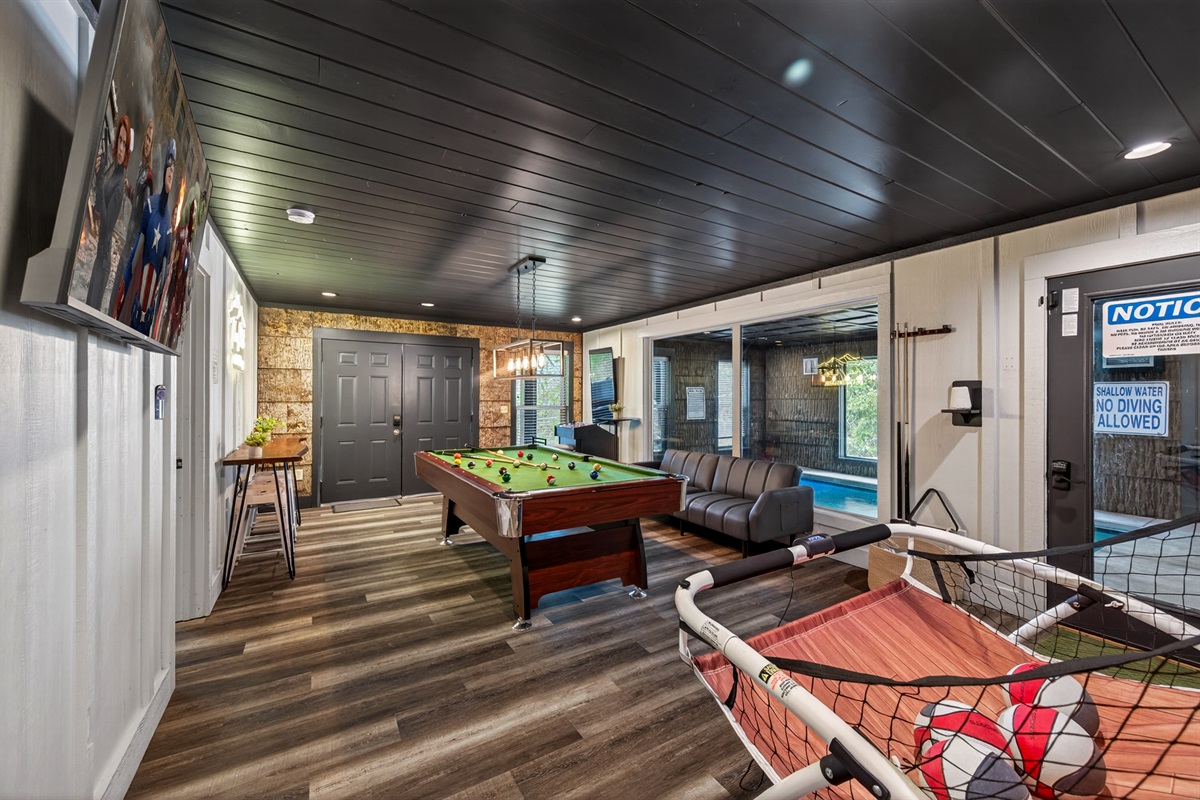 Pool table, video games and basketball.