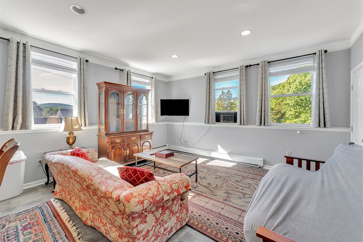 Creamery Apt 6 living room area with large screen TV.