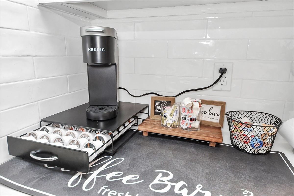 Fully stocked coffee bar in the kitchen space. 
