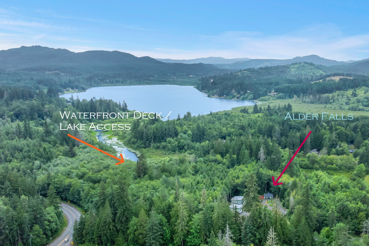 A trail departs the back patio at Alder Falls, traverses dense wetlands, and escorts you to waterfront seating as Mill Creek exits Lake Isabella.