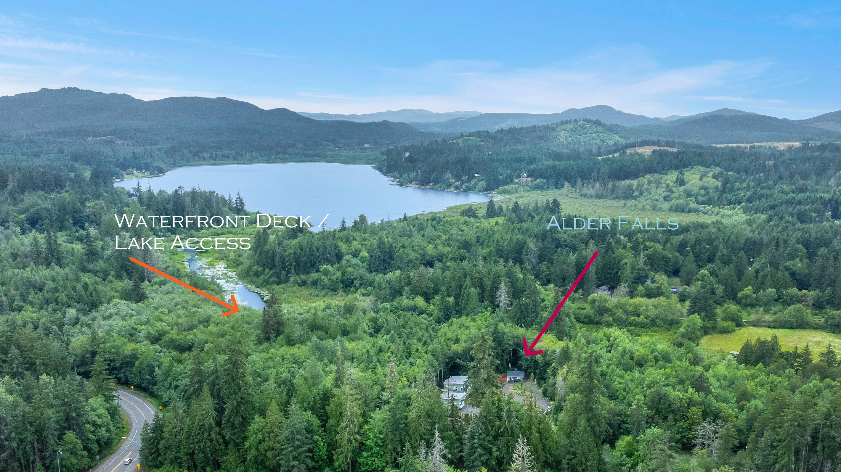 A trail departs the back patio at Alder Falls, traverses dense wetlands, and escorts you to waterfront seating as Mill Creek exits Lake Isabella.
