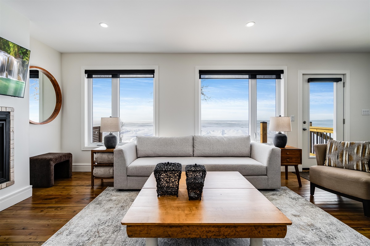 A modern space warmed by organic elements.