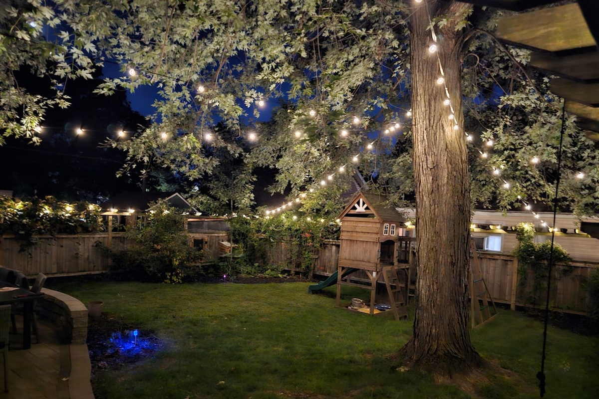 Enjoy the private fenced yard that is beautifully lit up at night.