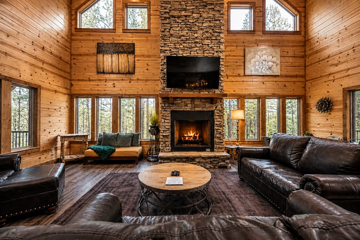 The living room is an open concept with the kitchen - and there's PLENTY of seating on the couches and chairs around it.