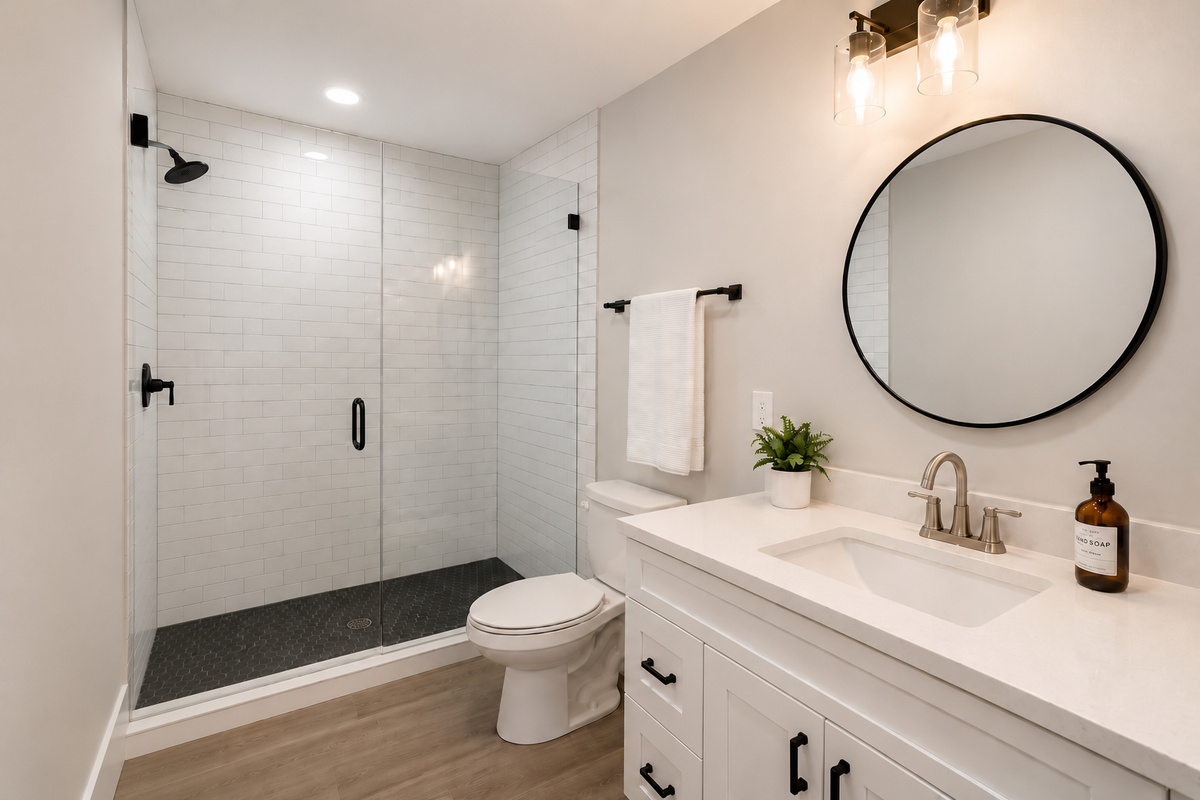 Main level bathroom with shower, toilet and sink. 