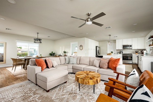 Plenty of space for you and your crew to spread out in the living room, kitchen and dining area.