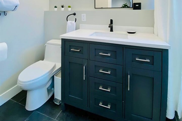 Our spa-inspired bathroom is stocked with thoughtful essentials — from a hair dryer to first aid — so you can pack light and feel right at home.
