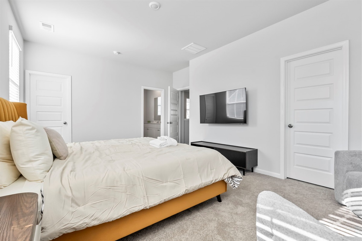 Master Bedroom with Roku Smart TV, walk in closet and ensuite bathroom