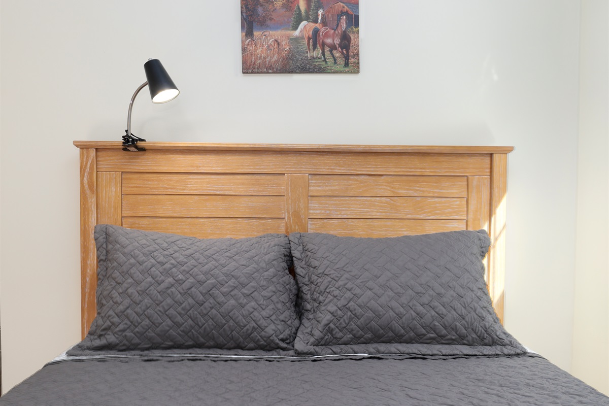 Bedroom with queen bed and Roku TV