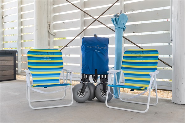 No need to pack the umbrella, chairs and beach wagon!  We have them here - a wonderful Ron Jon beach umbrella, 4 beach chairs and a sand wagon for ease of moving it on the each.  Pack a cooler and enjoy the day!