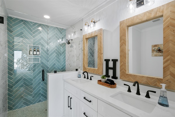 Primary bath with dual sinks and walk in shower