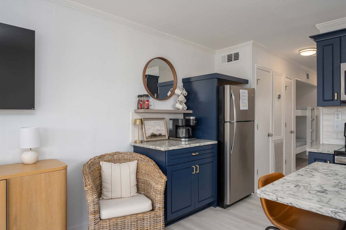 View of the coffee bar station. Equipped with Keurig and other starter coffee materials. 